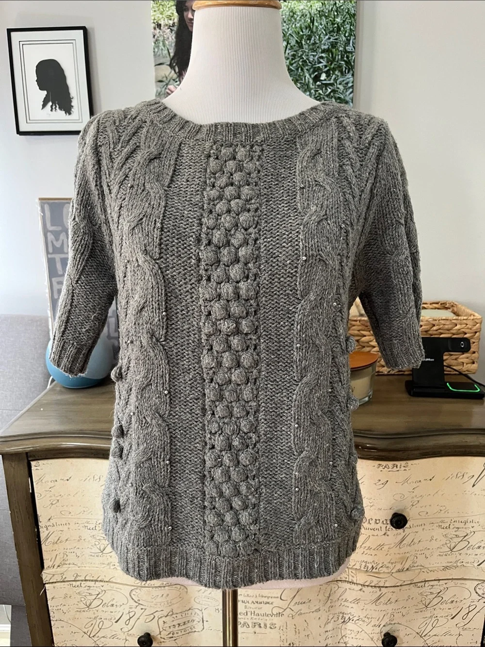 I LOVE H81 SHORT SLEEVE WOOL BLEND BEADED CABLE MIXED KNIT SWEATER GRAY SIZE M
